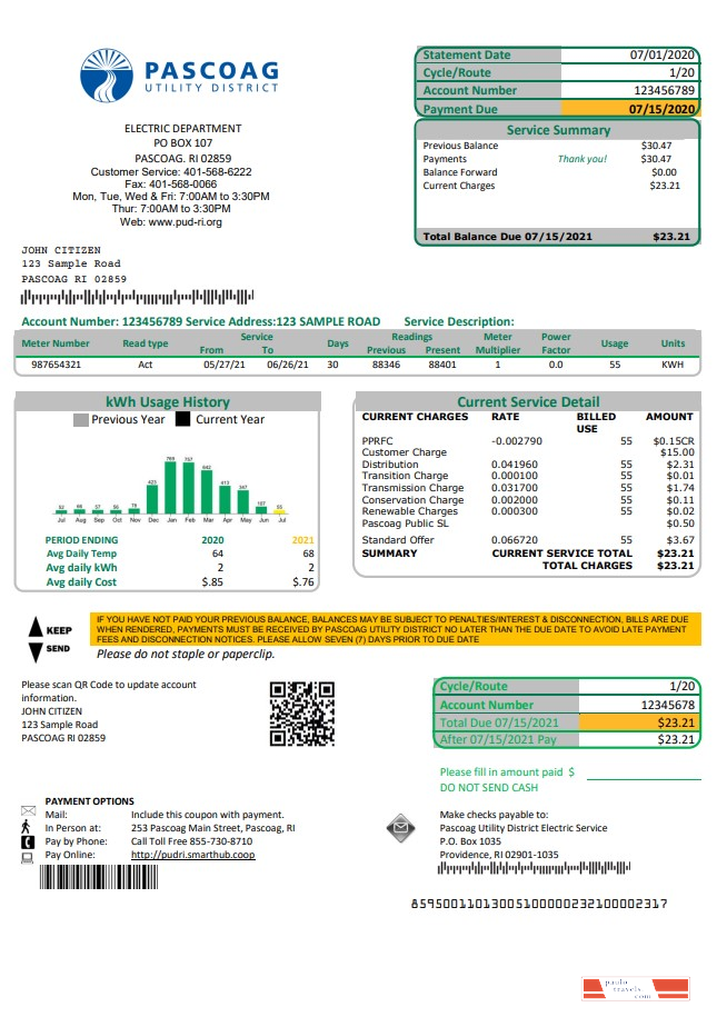 USA Rhode Island Pascoag Utility District utility bill template in Word and PDF format